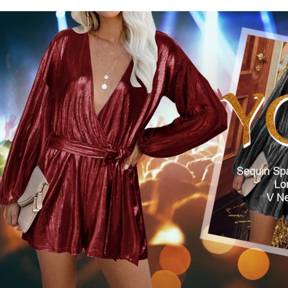 YOINS Metallic Long Sleeve Romper Dress Red Size M